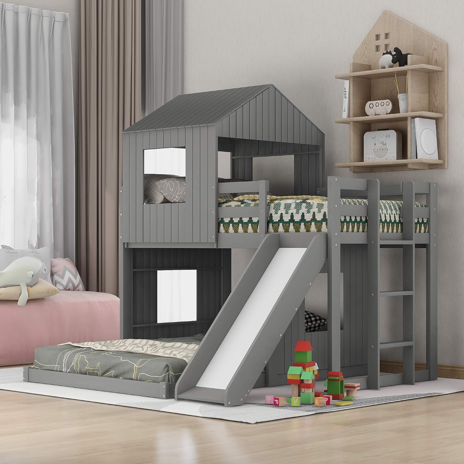 Twin Over Full Bunk Beds with Slide for Kids Toddlers, Play Farm House Roof Window Guardrail Ladder, for Girls Boys, No Spring Box Required (Gray-Slide-Twin-Full)