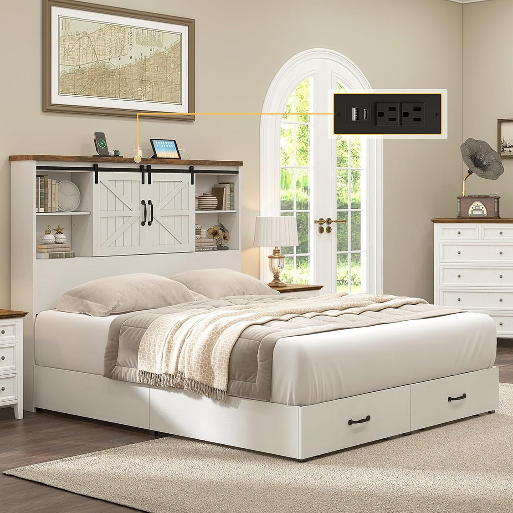 HOWE Farmhouse Full Size Bed Frame with 51.2' Bookcase Headboard, Wooden Platform Bed with 2 Drawers, Sliding Barn Door Dec, Storage Bed with Charging Station, No Box Spring Needed, White