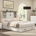 HOWE Farmhouse Full Size Bed Frame with 51.2' Bookcase Headboard, Wooden Platform Bed with 2 Drawers, Sliding Barn Door Dec, Storage Bed with Charging Station, No Box Spring Needed, White