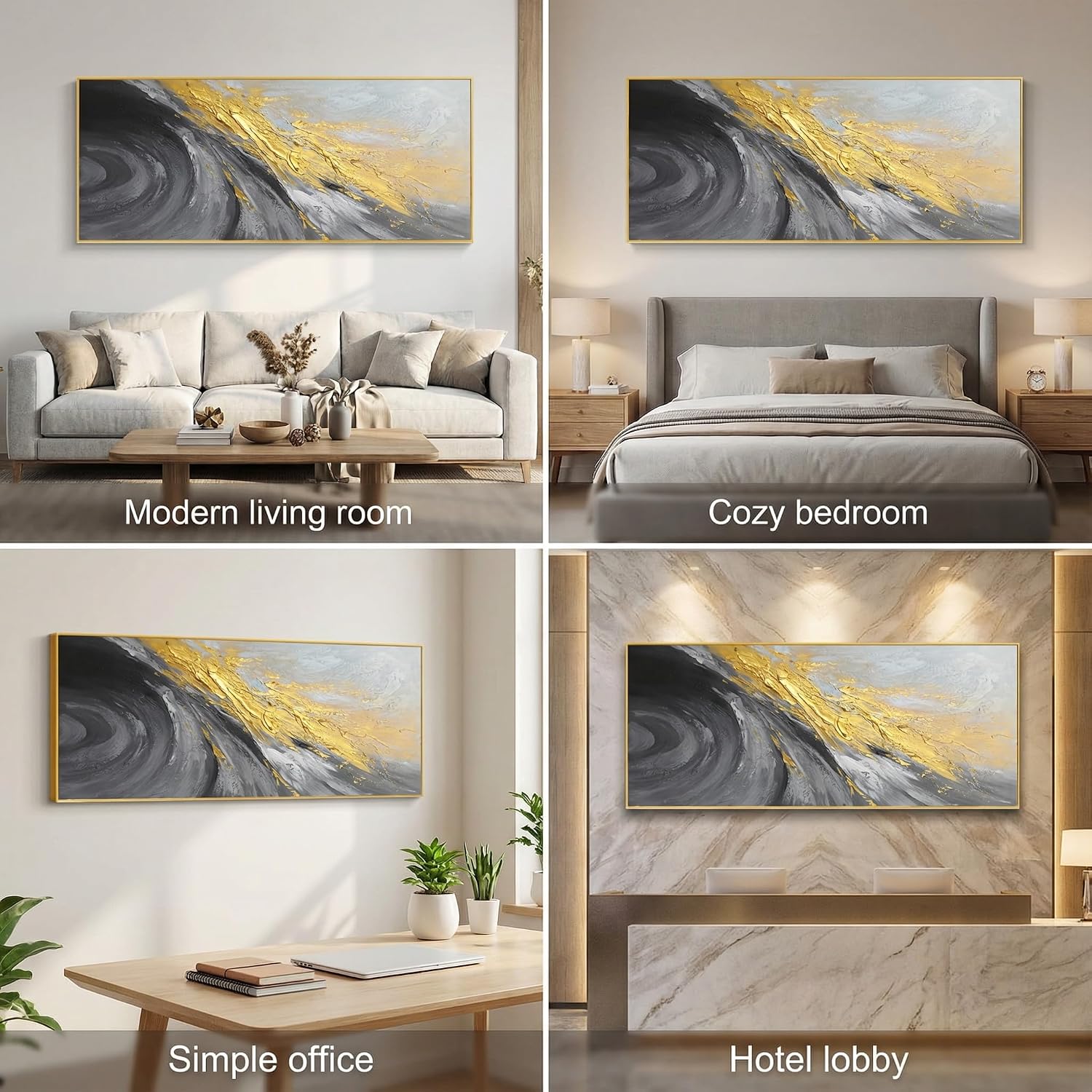 Large 3D Black and White Abstract Wall Art for Living Room, Gold Framed Textured Artwork for Office-Hand Painted Oil Painting on Canvas for Bedroom Home Decoration 24x56 inches
