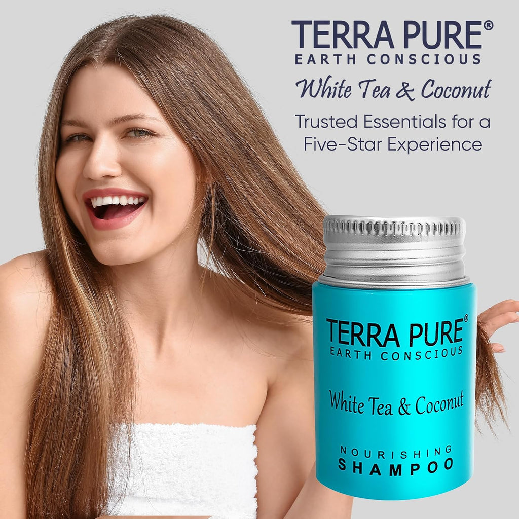 Terra Pure Travel Size Hotel Shampoo 300 Count 1 oz Bottles Guest Amenities for Hotels Vacation Rentals and Short Term Rentals Paraben Free White Tea and Coconut Scent Infused with Aloe & Olive Oil