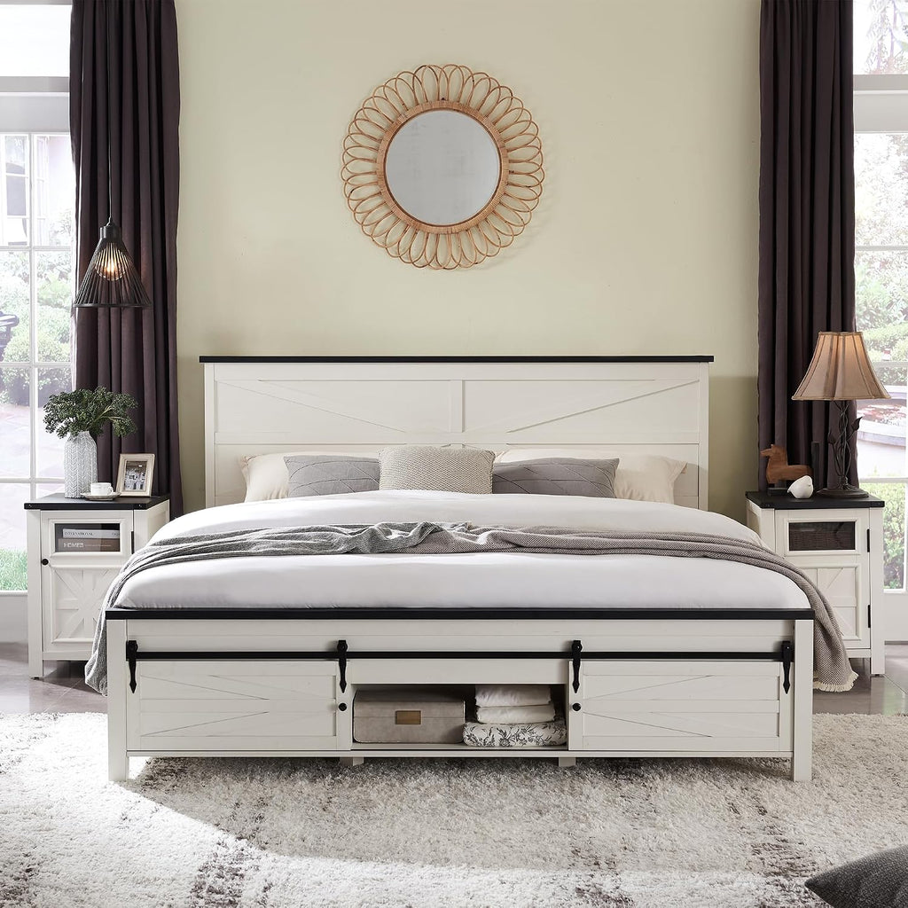 JXQTLINGMU Farmhouse Wood Bed Frame King Size with Sliding Barn Door Storage Cabinets and Headboard, Solid Wood Slats Support, Noiseless, No Box Spring Needed, Antique White