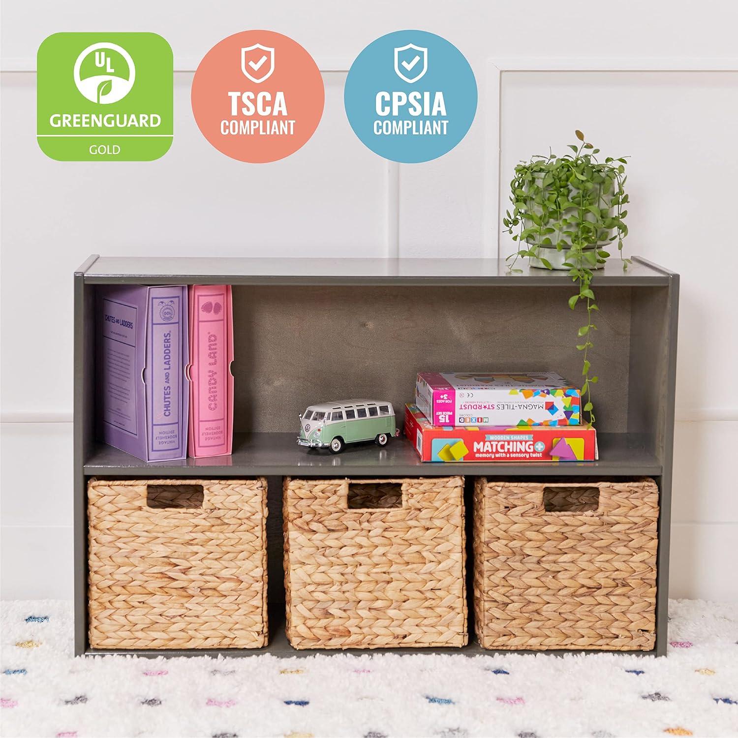 ECR4Kids Streamline 2-Shelf Single-Sided Storage Cabinet, 24in, Classroom Furniture, Grey Wash
