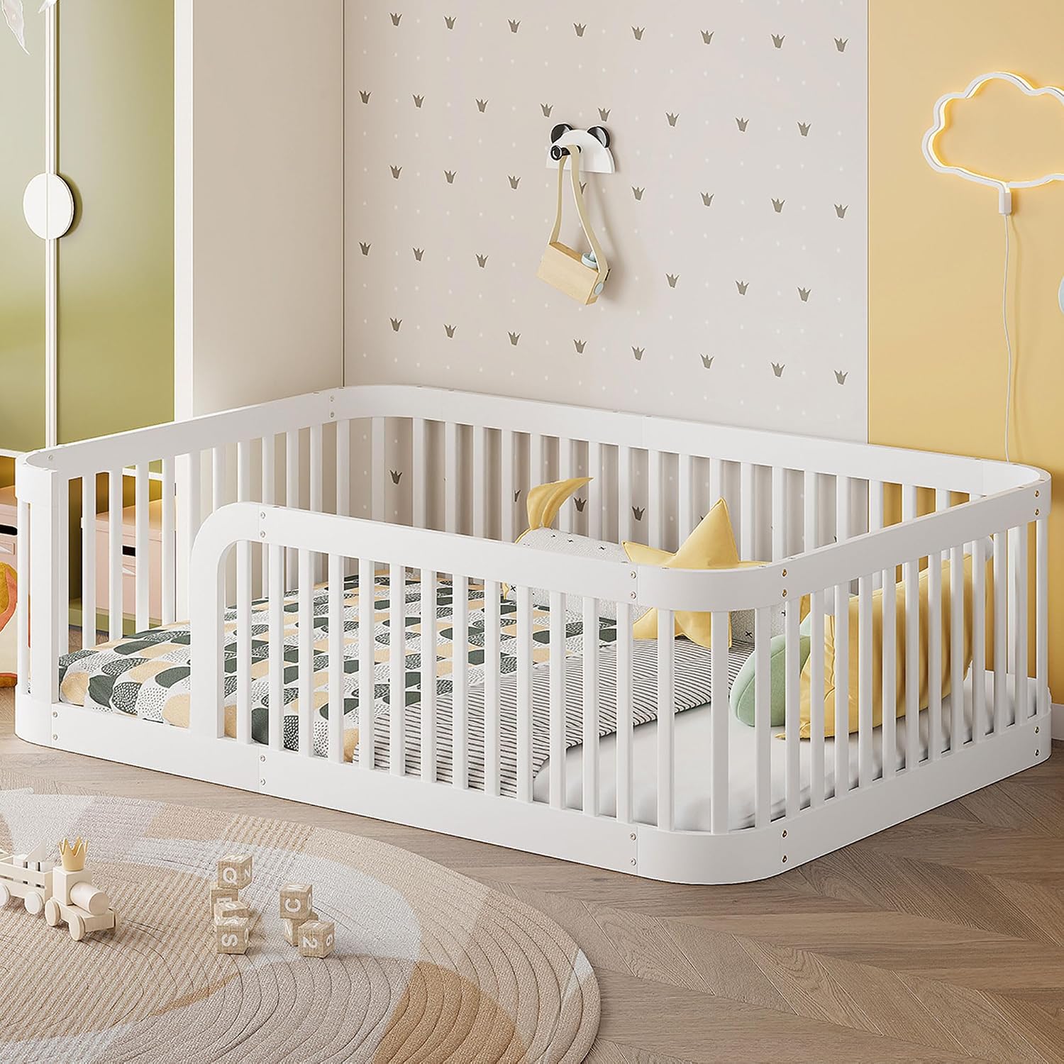 Full Size Wood Floor Bed with Fence, Playful Design Montessori Floor Bed with Guardrail, Without Slats, Easy Assembly (White//Full,124)