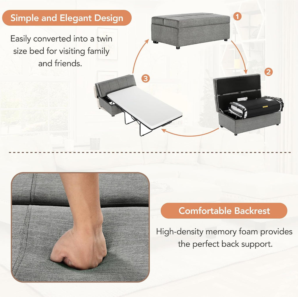Folding Ottoman Sleeper Bed with Foldable Foam Mattress, Faux Leather Upholstered with Pull Out Bed and Steel Frame Base, Twin Size, for Living Room Bedroom Office (Gray Chenille)