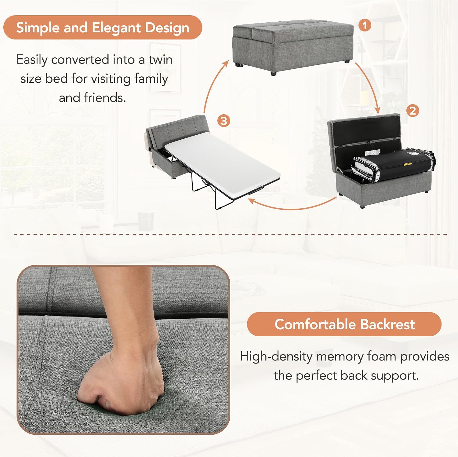 Folding Ottoman Sleeper Bed with Foldable Foam Mattress, Faux Leather Upholstered with Pull Out Bed and Steel Frame Base, Twin Size, for Living Room Bedroom Office (Gray Chenille)