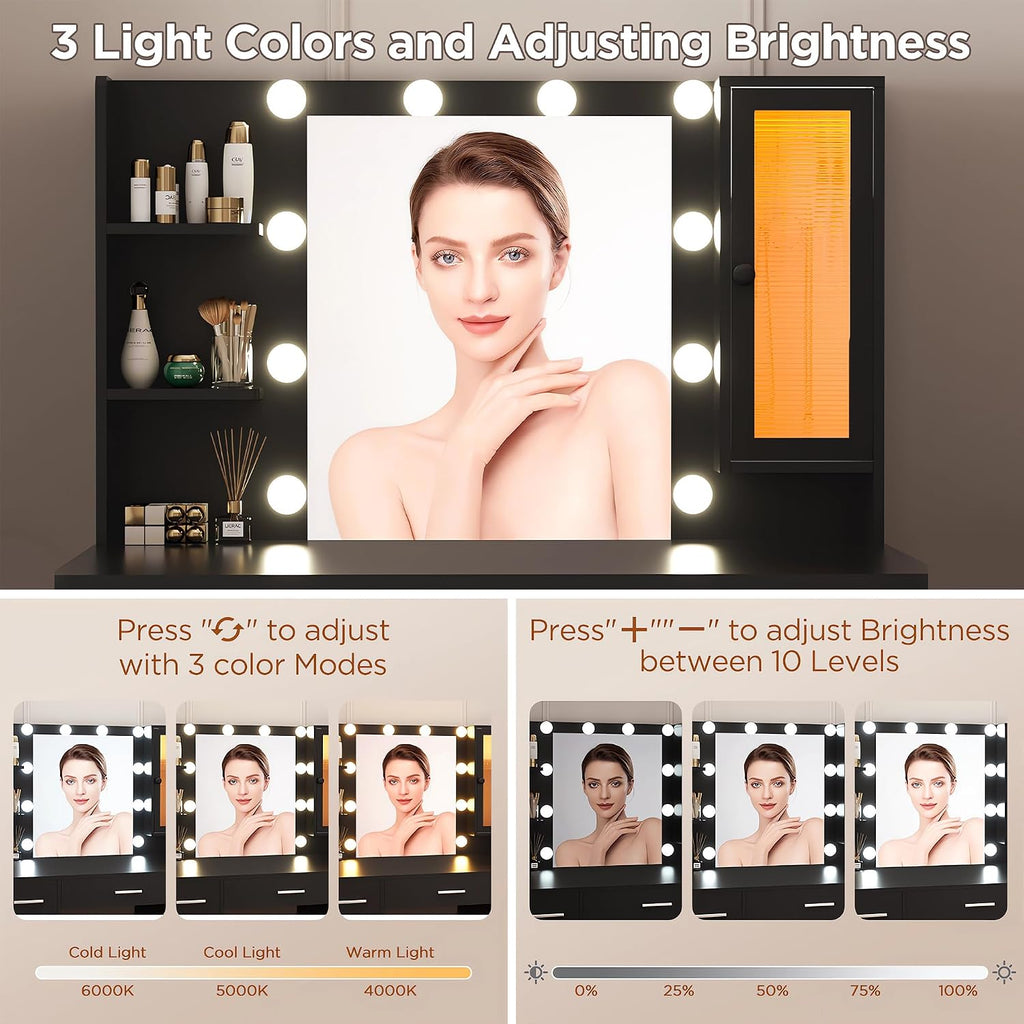 ERLEJIA Vanity Desk with Mirror and Lights, 43' Large Makeup Dressing Table with 9 Drawers, 3 Open Shelves, RGB LED Lighting & Power Outlet, Black