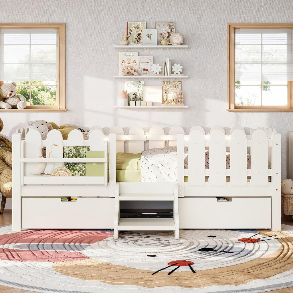 Bellemave Twin Kids Montessori Bed with Stairs, Bookshelf and LED Lights, Solid Wood Kids Bed Frame with Storage Drawers for Boys Girls, Low Profile,Beige
