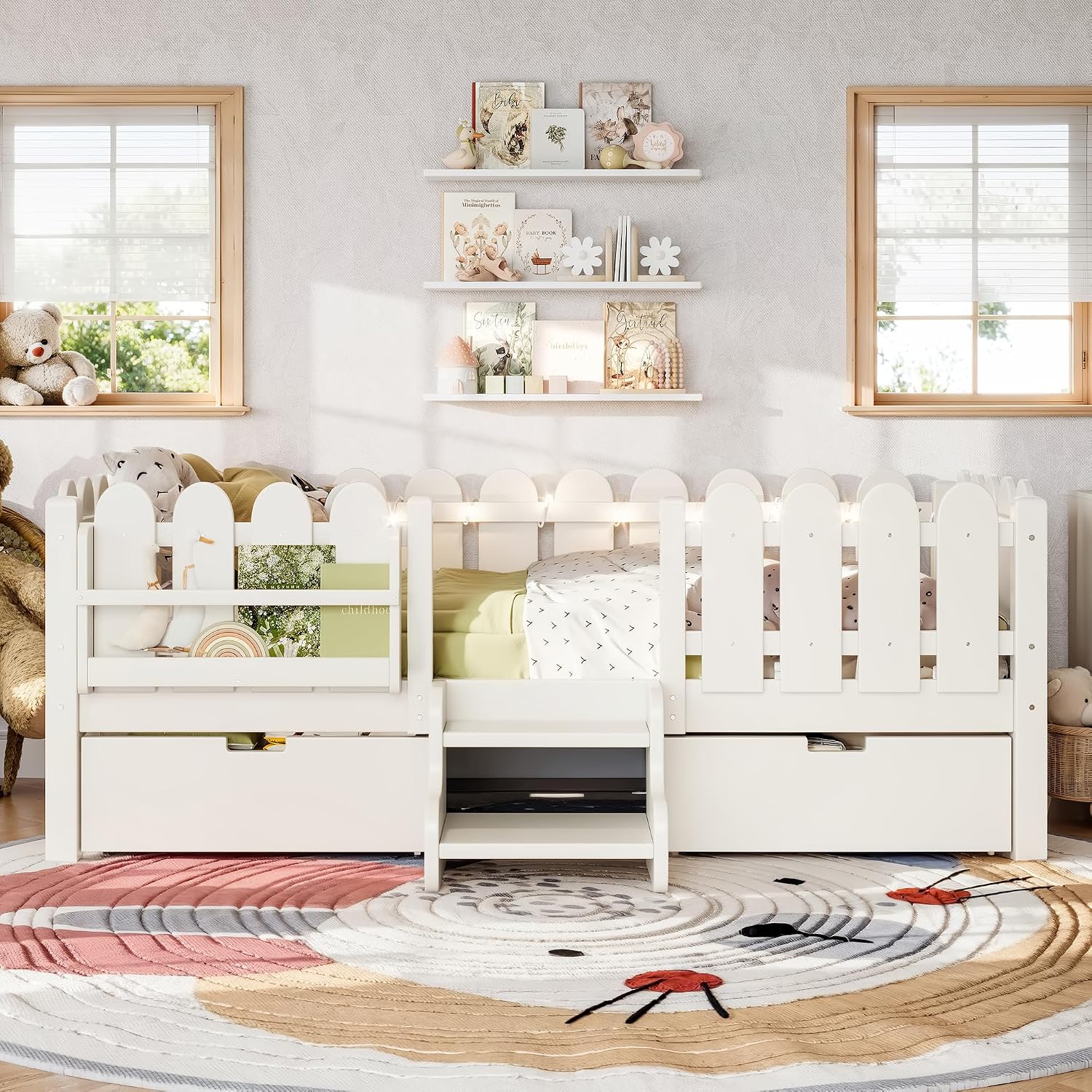 Bellemave Twin Kids Montessori Bed with Stairs, Bookshelf and LED Lights, Solid Wood Kids Bed Frame with Storage Drawers for Boys Girls, Low Profile,Beige