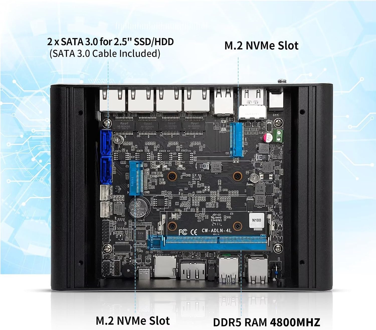 Mini Firewall PC N100 4 Core, 4 x i226V 2.5GbE LAN OPNsense Hardware, DDR5 8GB RAM 128GB SSD, Fanless Micro Computer Appliance, AES-NI, 3 Display, 2 x NVMe, 2 x SATA 3.0