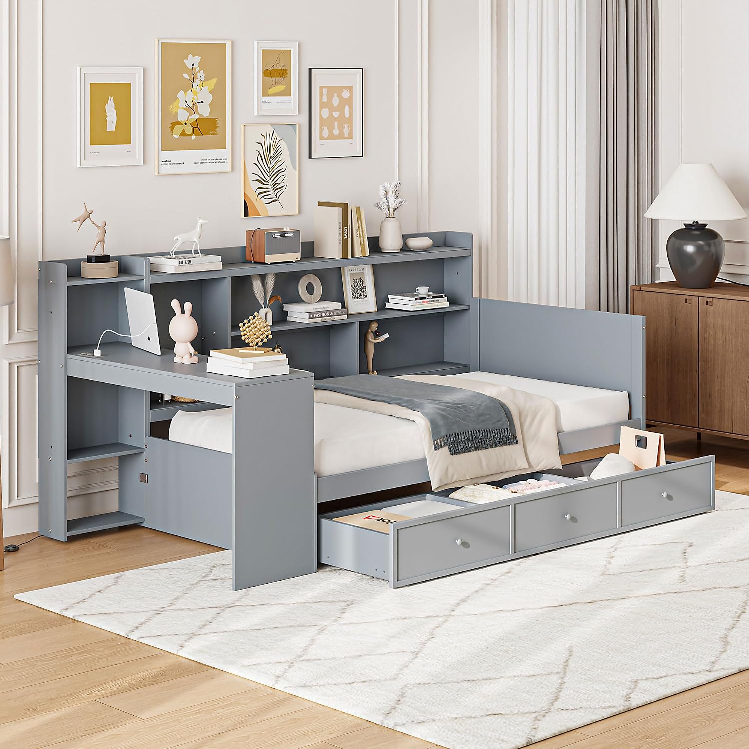 Twin Size Daybed with Storage Shelves and Study Desk, Wooden Daybed Sofa Bed Frame with 3 Drawers and USB Ports for Office Living Room Bedroom, Maximize Space (Gray-23U)