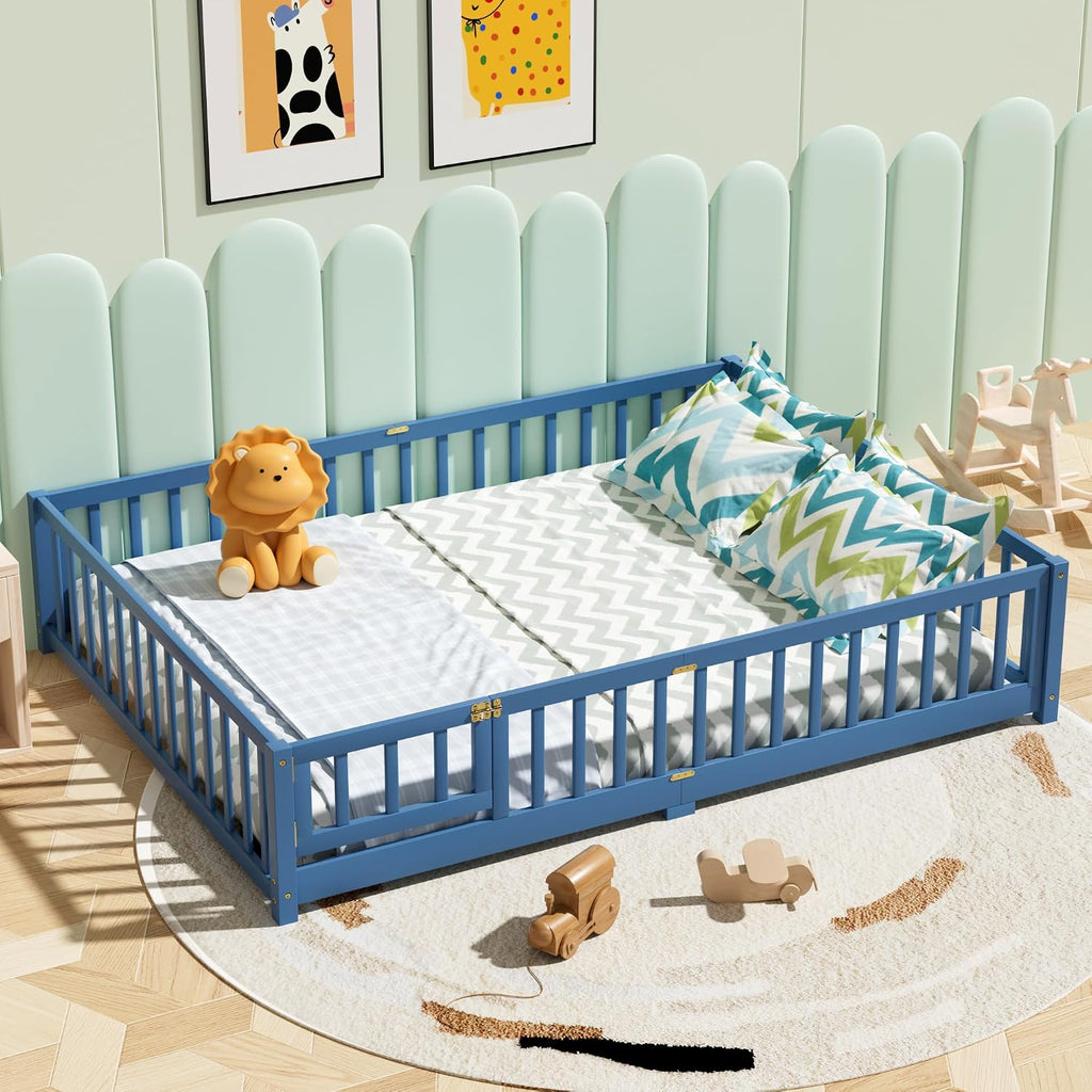 i-POOK Queen Floor Bed Frame with Wood Slats, High Fence & Small Door, Pinewood Montessori Floor Bed for Girls and Boys, Mist Blue