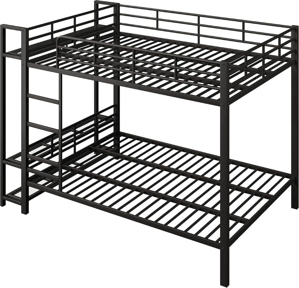 JIVOIT Metal Bunk Bed with Storage Mesh Shelves and Clothes Hooks, Open Storage Shelves, Queen Size Bunk Bed with Full-Length Reinforced Guardrails for Teens and Adults, No Box Spring Needed