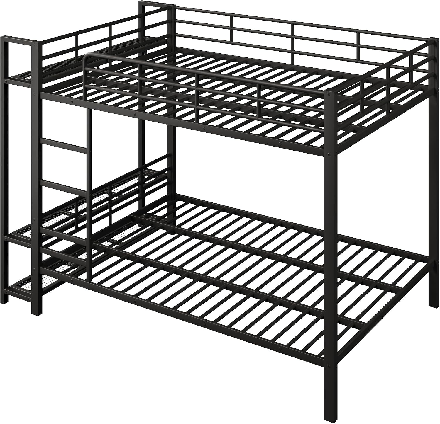 JIVOIT Metal Bunk Bed with Storage Mesh Shelves and Clothes Hooks, Open Storage Shelves, Queen Size Bunk Bed with Full-Length Reinforced Guardrails for Teens and Adults, No Box Spring Needed