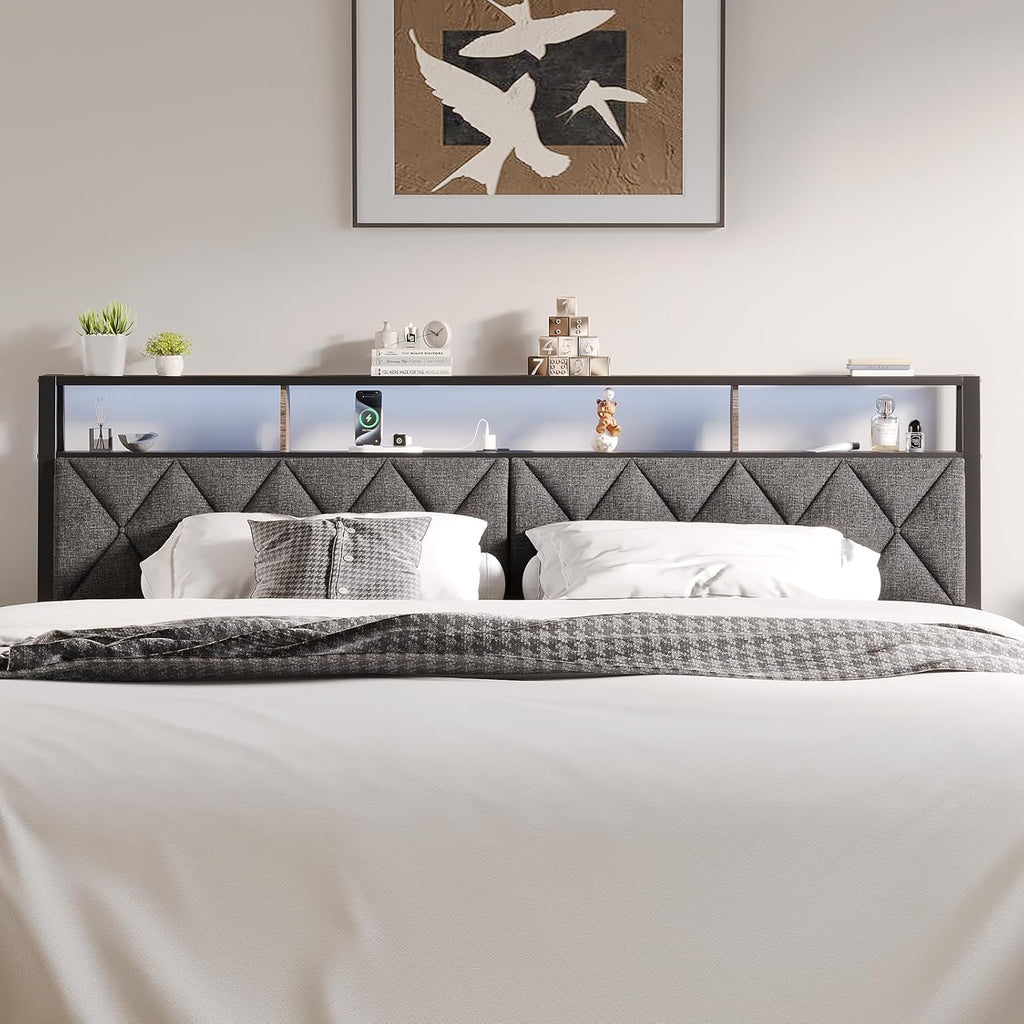 King Headboard Only, Headboard for King Size Bed with Storage, Upholstered Headboards with LED Lights & Charging Station, Attach Frame, Ideal for Bedroom/Dorm/Guest Room, Dark Grey & Brown