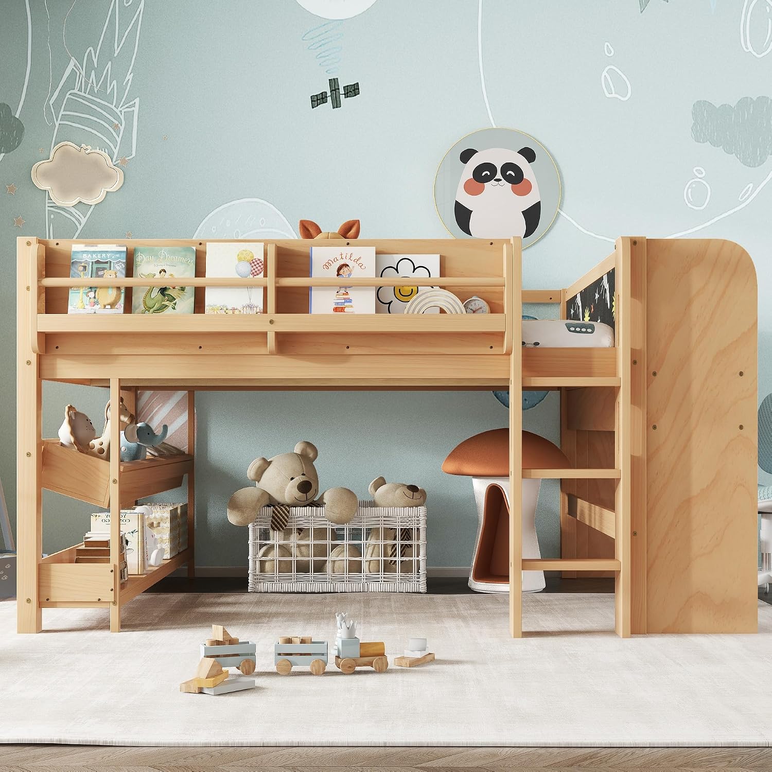 MERITLINE Full Loft Bed with Desk & Blackboard, Twin Multi-Functional Bed with Storage, All-in-One Study & Play Design (Natural)
