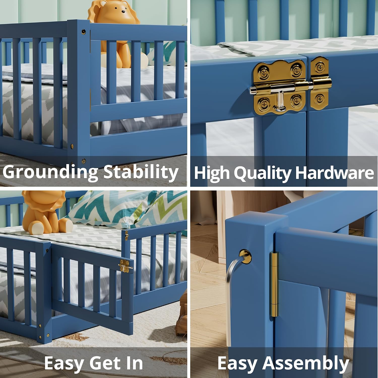 i-POOK Queen Floor Bed Frame with Wood Slats, High Fence & Small Door, Pinewood Montessori Floor Bed for Girls and Boys, Mist Blue