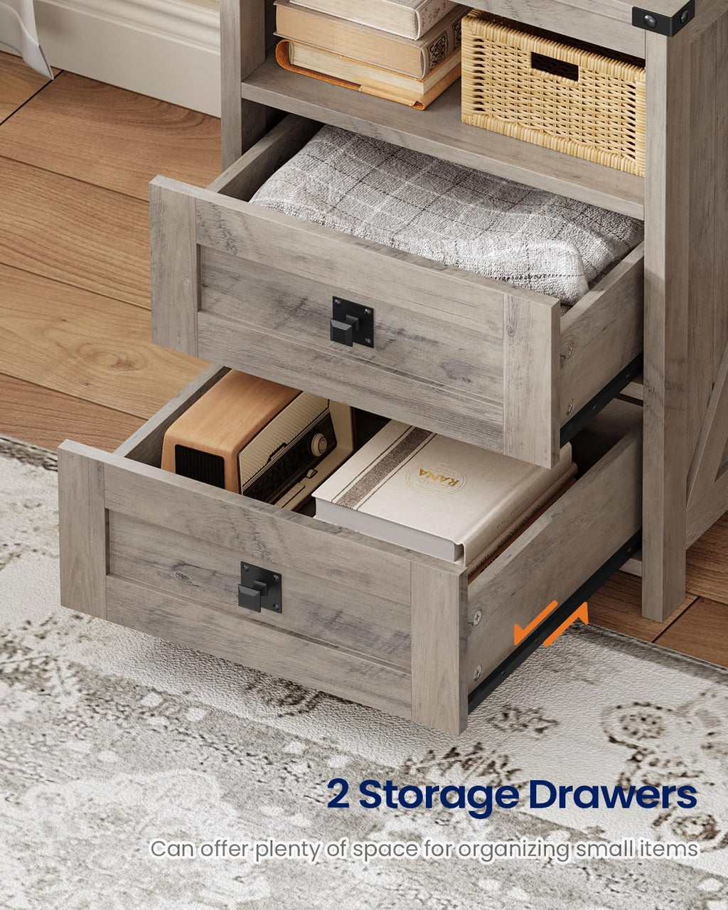 Farmhouse Tall Nightstand Set of 2 with Charging Station and 2 Drawers,Led Night Stand Set of 2 with Bookshelf,Bedside End Side Table with Storage Shelves for Bedroom, Grey
