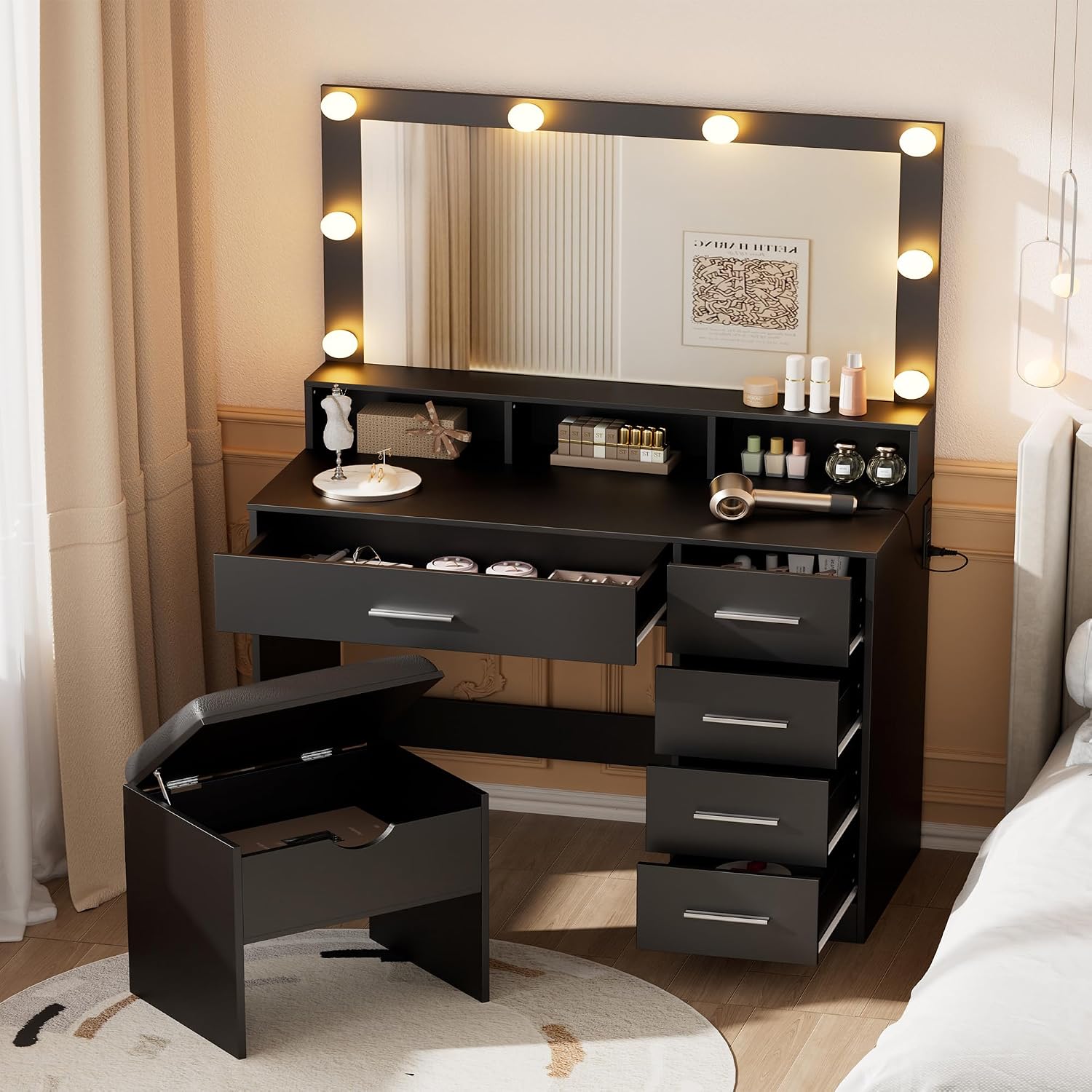 ERLEJIA Vanity Desk with Mirror and Lights, 35.43' Large Mirror Makeup Table with Stool, 5 Drawers Dressing Table for Girls and Ladies Bedroom, Black