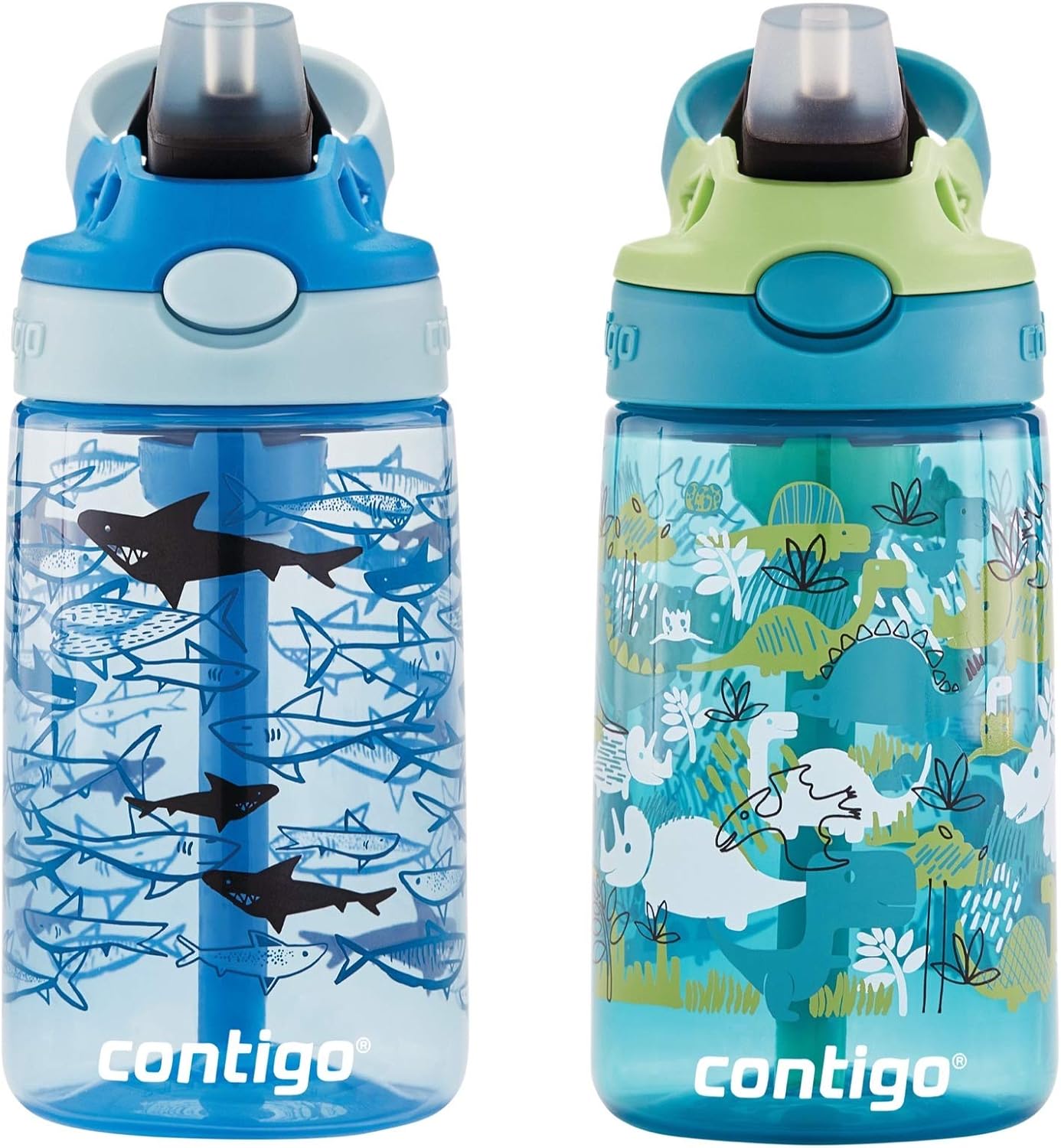 Contigo Aubrey Kids Water Bottle,14oz,Dinos & Sharks,Spill-Proof Lid,Dishwasher Safe,Blue & Green,(Pack of 8)