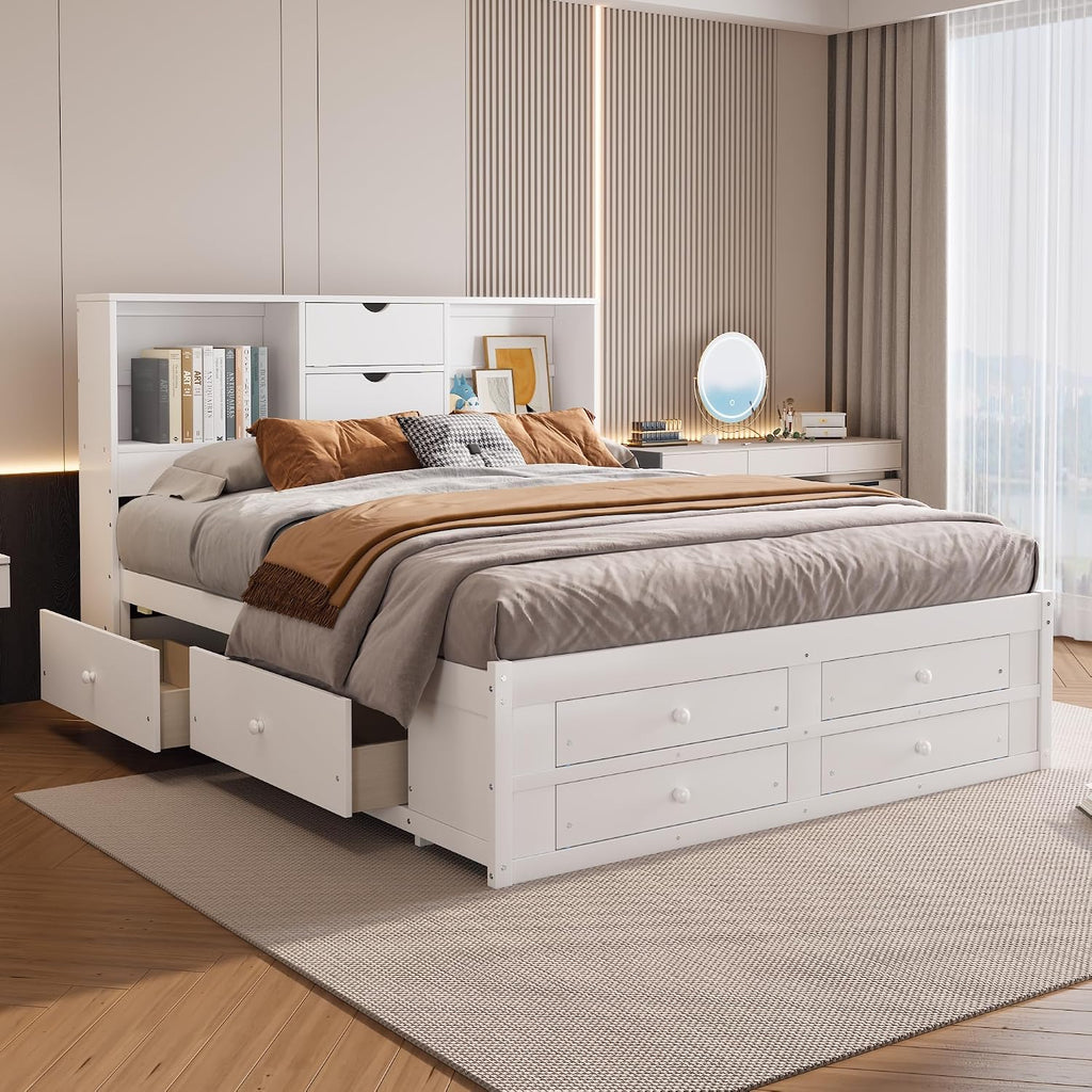 King Size Wood Platform Bed with 8 Storage Drawers and Bookcase Headboard for Bedroom (White, King)