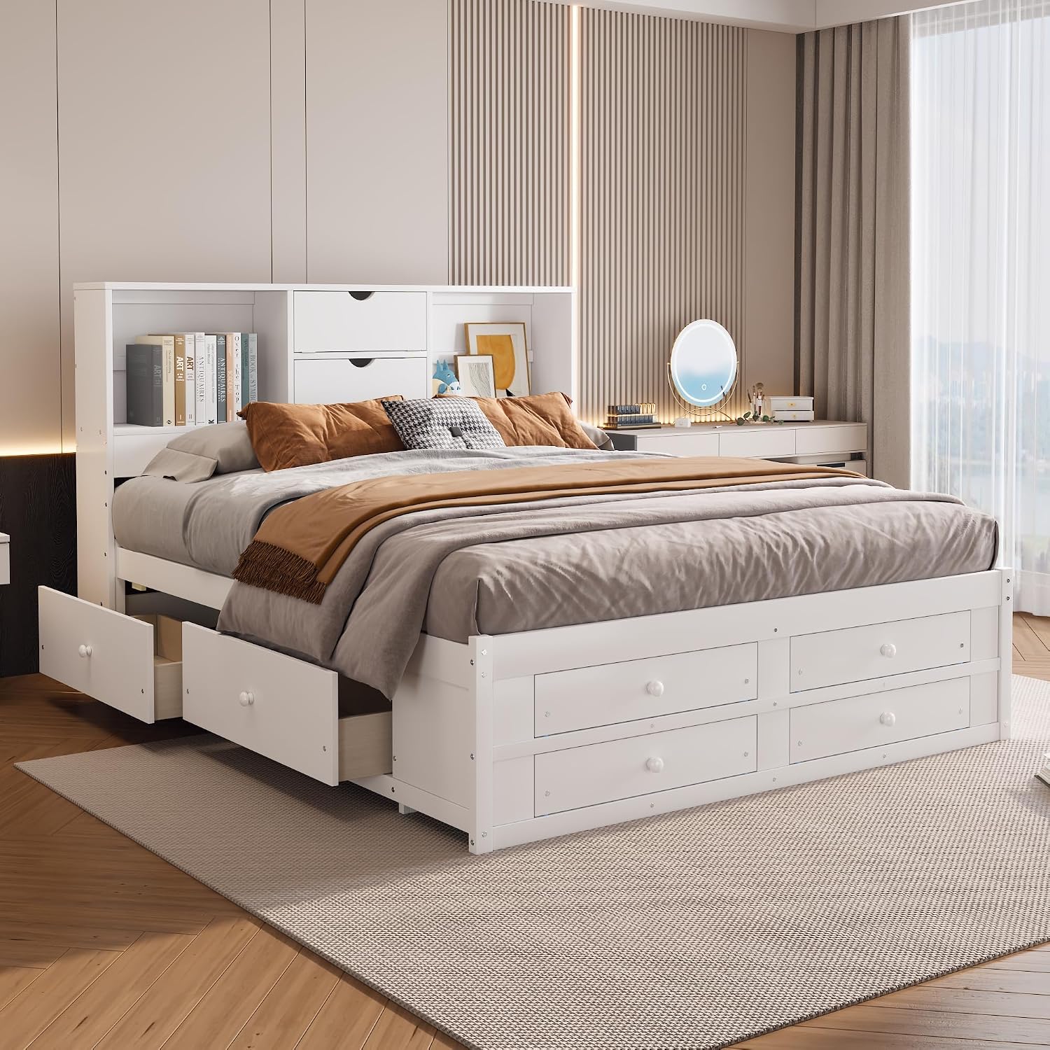 King Size Wood Platform Bed with 8 Storage Drawers and Bookcase Headboard for Bedroom (White, King)