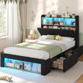 ADORNEVE Twin Bed Frames with 4 Storage Drawers, 2 Footboard Cubbies and RGB Lights, Corduroy Upholstered Platform Bed with Charging Station and Storage Headboard, No Box Spring Needed, Black