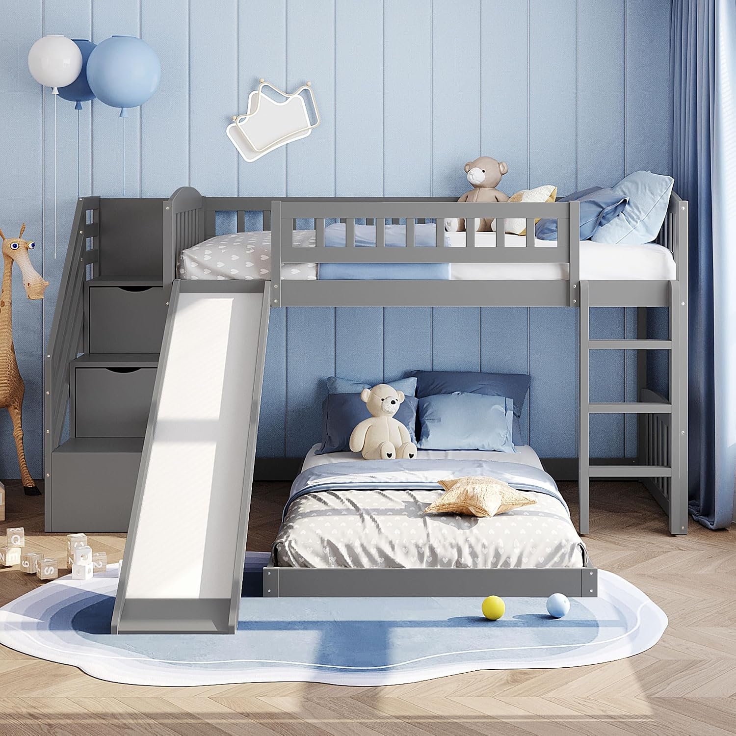 Bellemave Twin Over Twin Stairway Bunk Bed with 2 Storage Drawers and Slide, Pinewood Frame, Full-Length Guardrails, Convertible Ladder Slide Staircase, No Box Spring for Kids Bedroom (Grey)