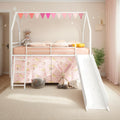 Twin Size House Loft Bed with Slide and Curtain Set, Metal Loft Bed with Ladder and Rails for Bedroom Guest Room, Noise Reduced, White and Pink