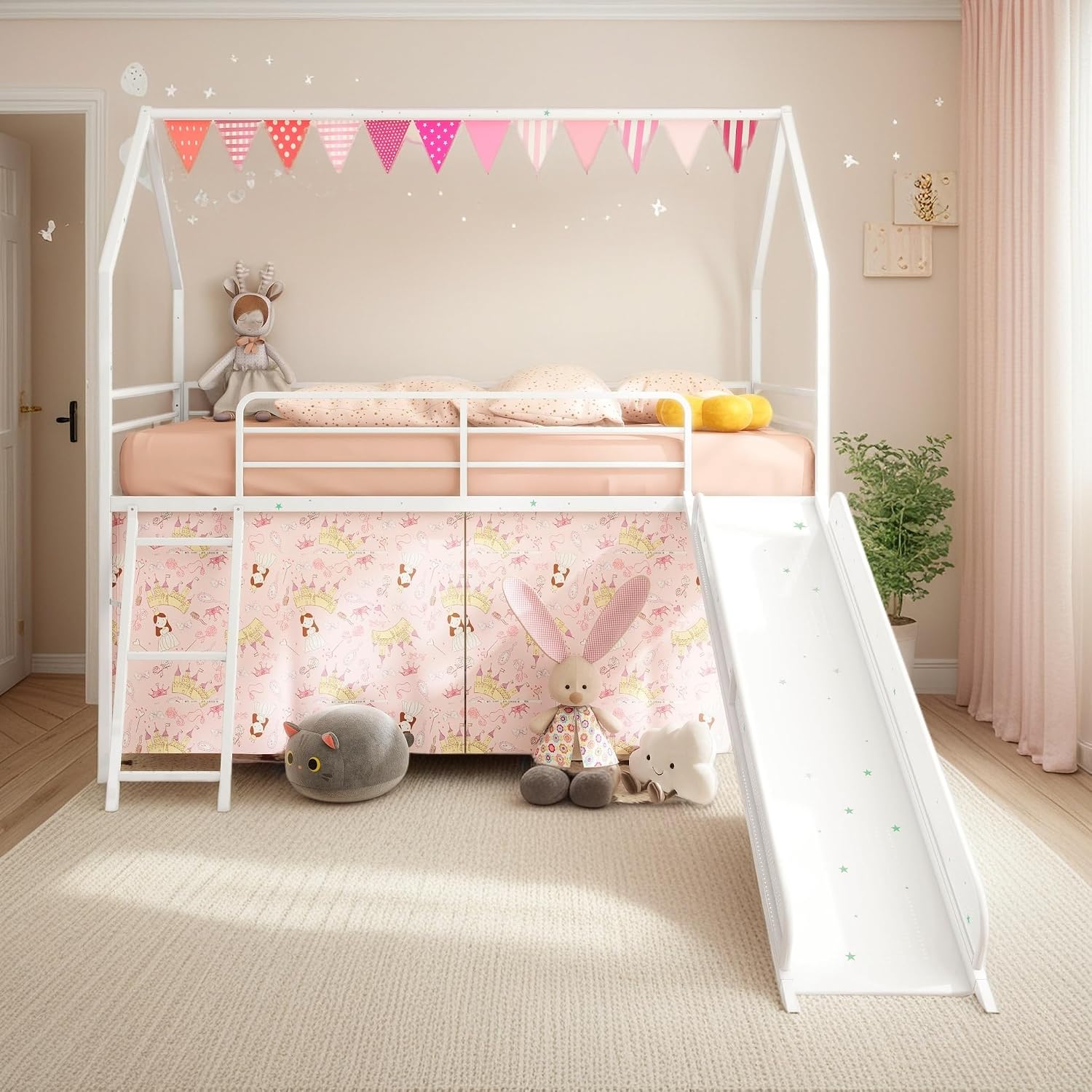 Twin Size House Loft Bed with Slide and Curtain Set, Metal Loft Bed with Ladder and Rails for Bedroom Guest Room, Noise Reduced, White and Pink