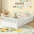 Twin Floor Bed with Slats and High Fence, Twin Size Montessori Floor Beds with Door, No Box Spring Needed, Easy Assemble Montessori Bed Frame(White Twin)