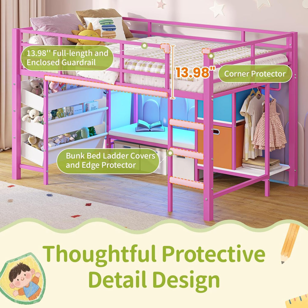 DICTAC Low Twin Size Loft Bed with Reading Corner and Bookshelf,Metal Twin Loft Bed with LED Lights,3 Sling Drawers&2 Movable Storage Bins,loft bed for Kids with 13.98'H Safety Guardrail & Stairs,Pink
