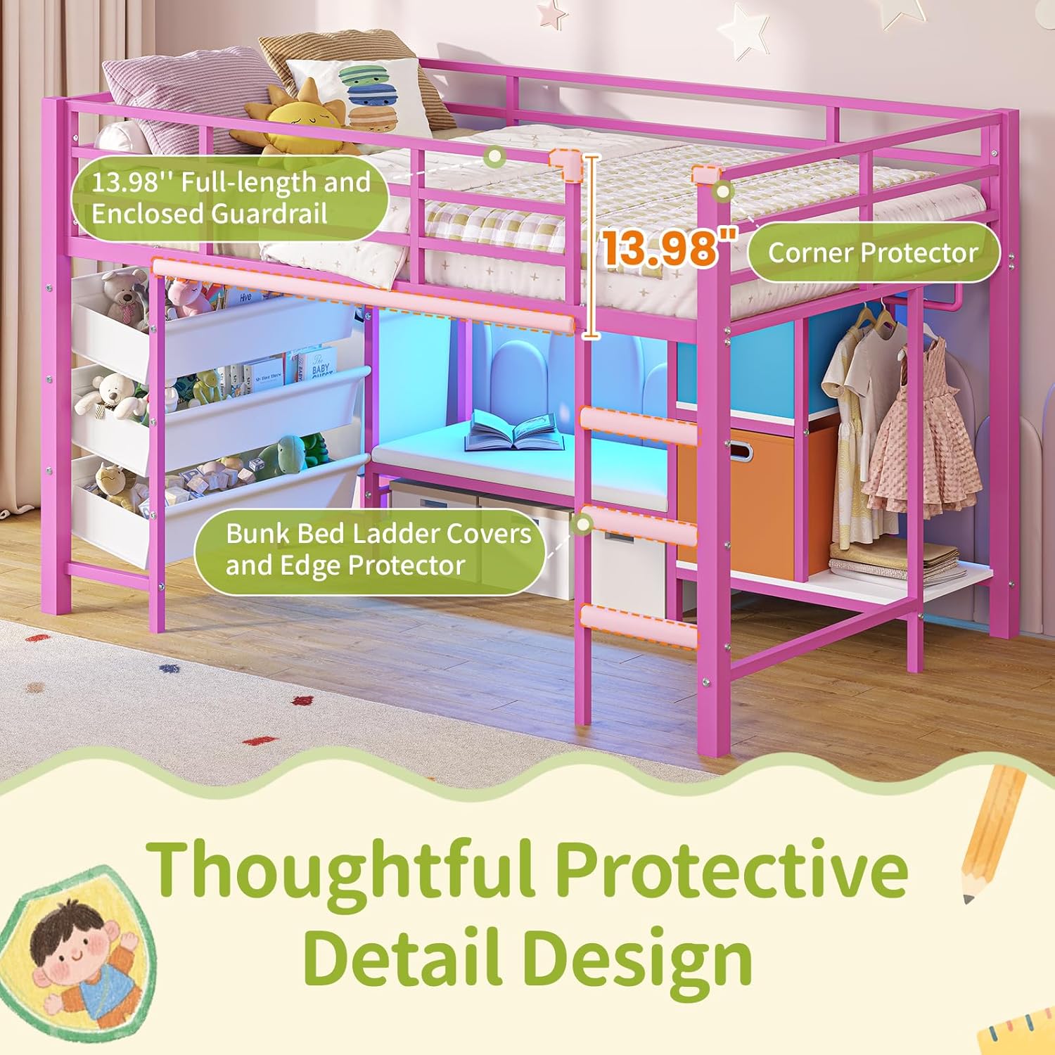DICTAC Low Twin Size Loft Bed with Reading Corner and Bookshelf,Metal Twin Loft Bed with LED Lights,3 Sling Drawers&2 Movable Storage Bins,loft bed for Kids with 13.98'H Safety Guardrail & Stairs,Pink