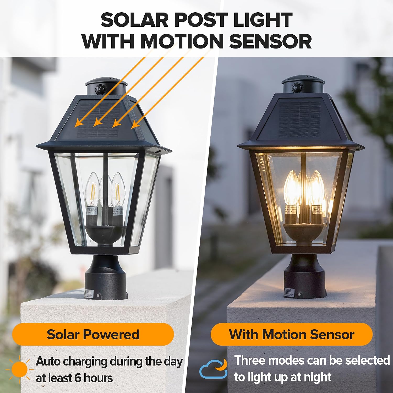 LUTEC Outdoor Solar Lamp Post Light with Motion Sensor, 400 Lumen Dusk to Dawn Waterproof Pole Light Head with Three Modes, Exterior Black Solar Powered Fence Post Light Fixtures for Outside