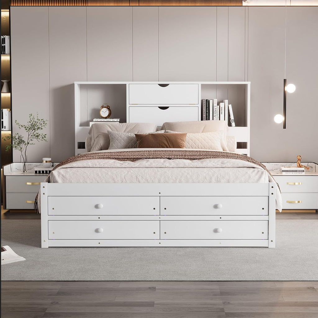 Queen Size Wood Platform Bed with 8 Storage Drawers and Bookcase Headboard for Bedroom (White, Queen)