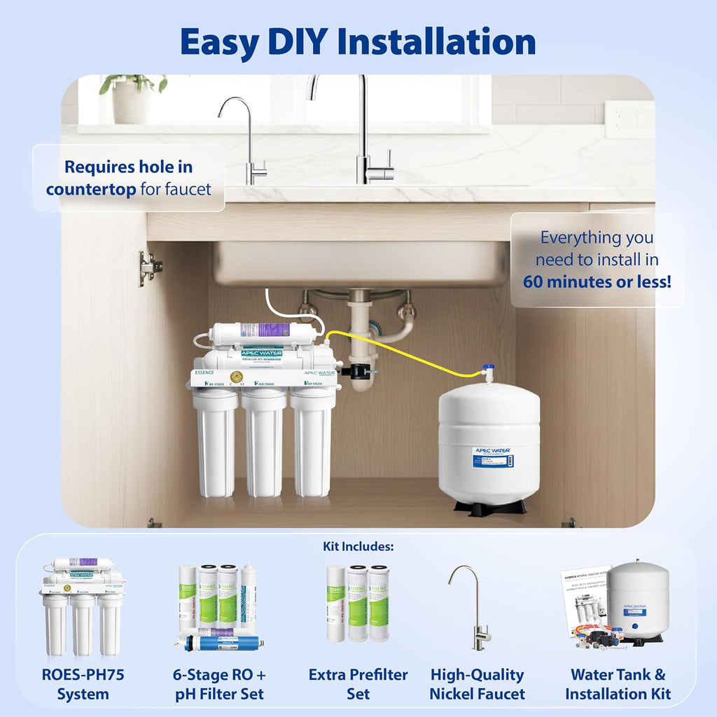 APEC Water ROES-PH75X 6-Stage Alkaline Under Sink Reverse Osmosis Water Filter System, NSF Cetified 372 & 58, 75 GPD, with Extra High Capacity Pre-Filter Set Stage 1-3