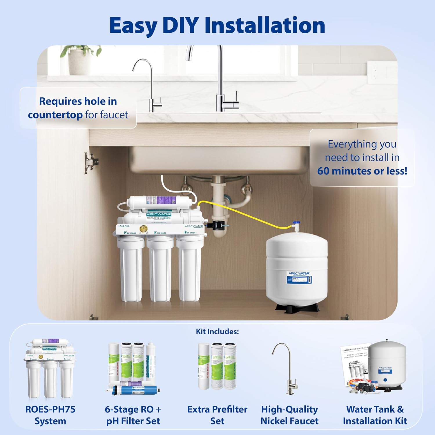APEC Water ROES-PH75X 6-Stage Alkaline Under Sink Reverse Osmosis Water Filter System, NSF Cetified 372 & 58, 75 GPD, with Extra High Capacity Pre-Filter Set Stage 1-3