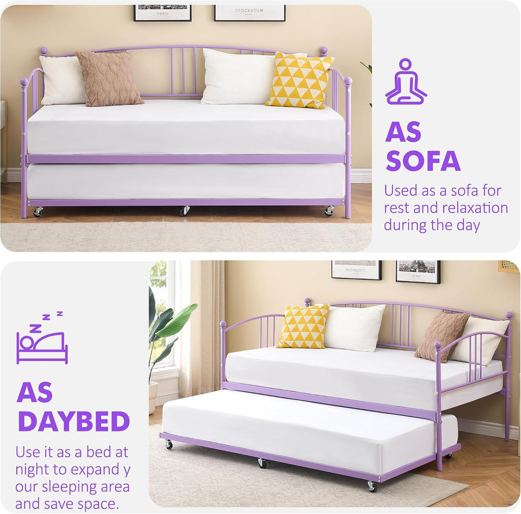 GarveeHome Daybed with Trundle, Sturdy Metal Day Bed with Steel Slat Support, Trundle Bed Twin with Arched Headboard, SofaBed for Living Room, Bedroom and Guest Room, Purple