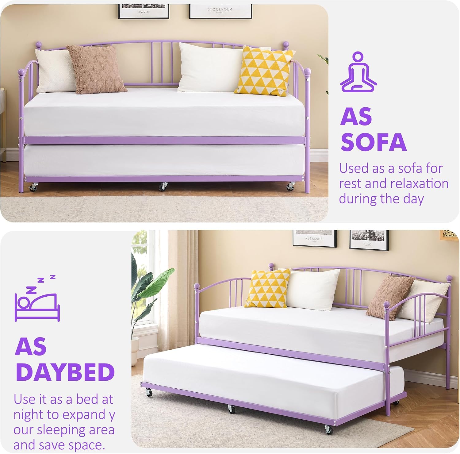 GarveeHome Daybed with Trundle, Sturdy Metal Day Bed with Steel Slat Support, Trundle Bed Twin with Arched Headboard, SofaBed for Living Room, Bedroom and Guest Room, Purple