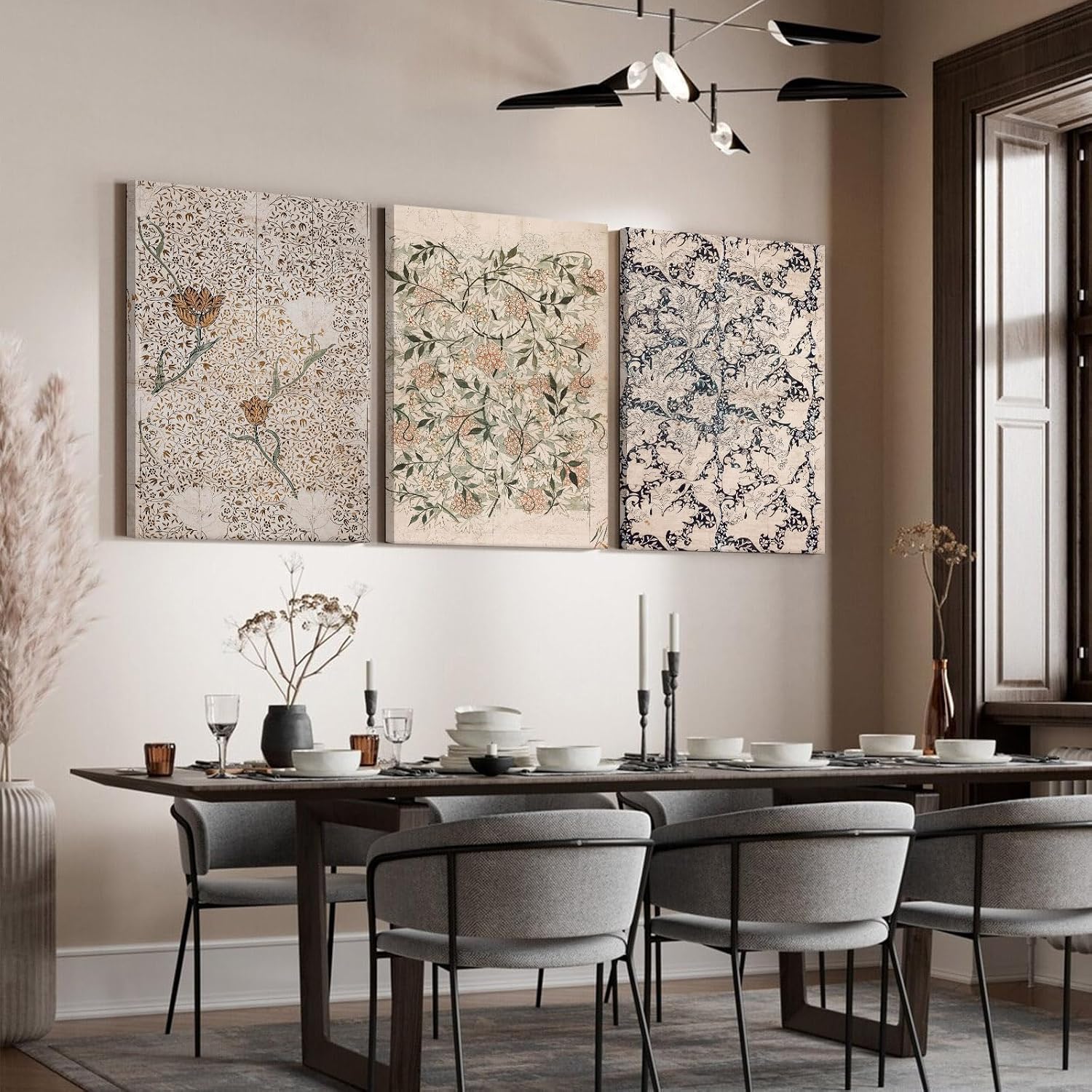 Vintage William Morris Wall Art Decor Boho Floral Botanical Canvas Pictures Abstract Neutral Flower Print Vintage Farmhouse Artwork Painting for Living Room Bedroom 24x36 Inch Wrapped Canvas Set of 3