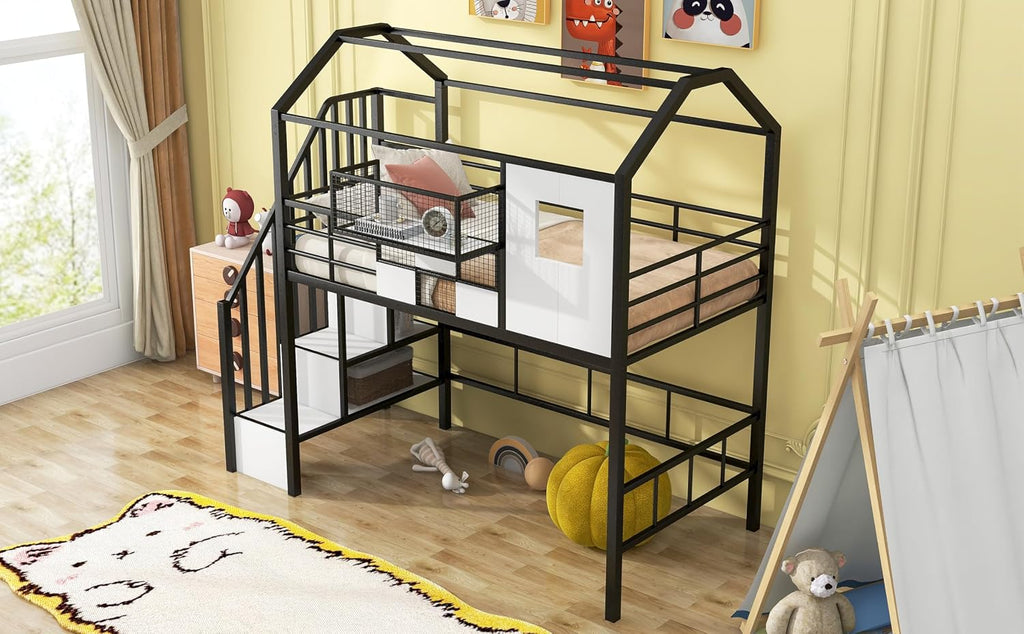 GOWE Metal Loft Bed with roof Design and a Storage Box, Twin, Black