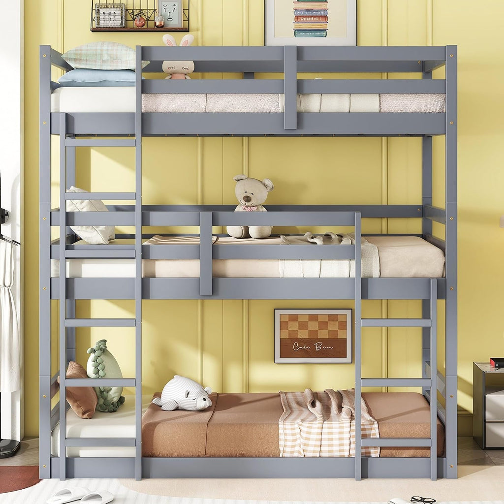 Triple Bunk Bed, Detachable Triple Twin Bunk Bed, 3 Rubber Wood Bunk Bed with Two Built-in Ladders, Guardrails, Twin Over Twin Over Twin for Kids, Grey