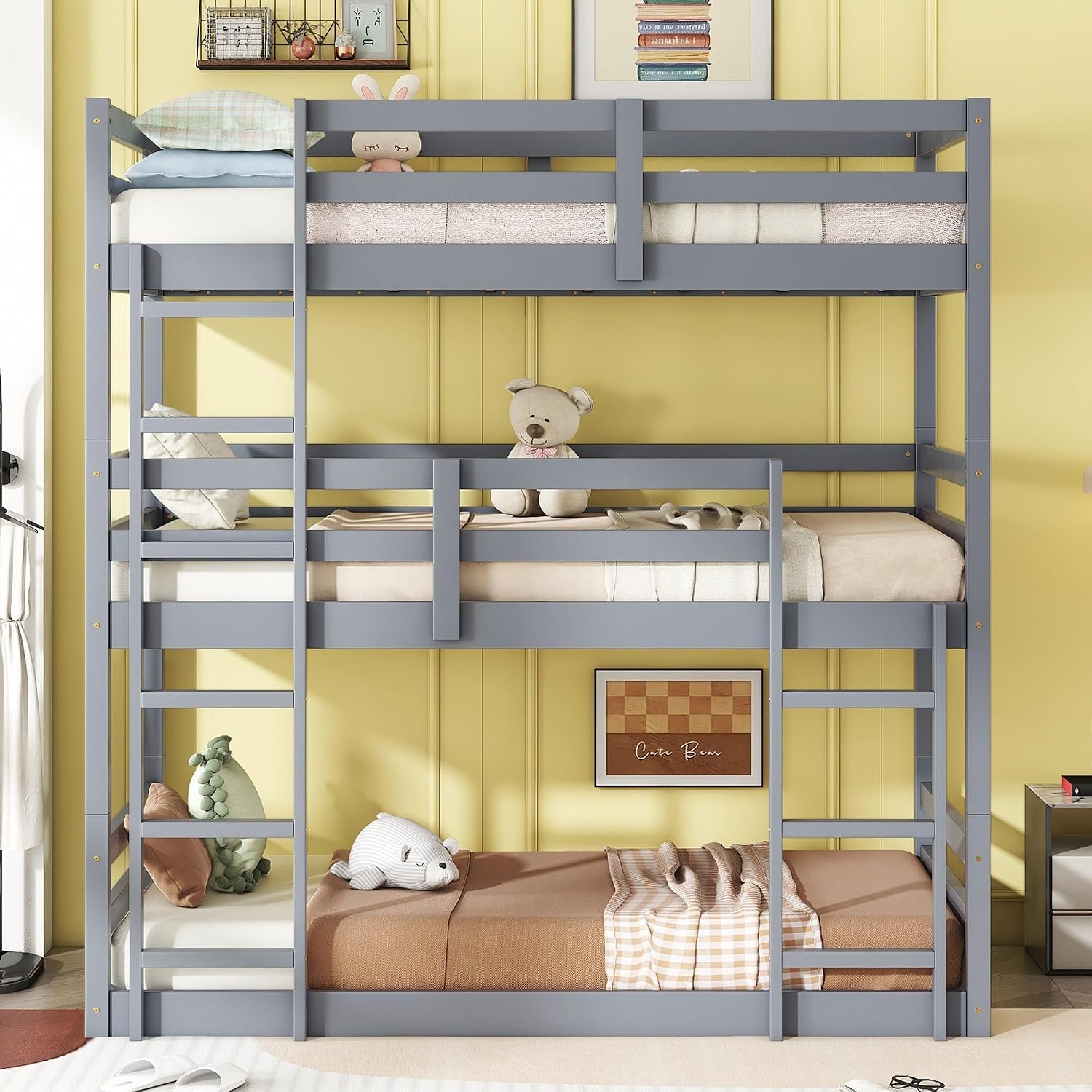 Triple Bunk Bed, Detachable Triple Twin Bunk Bed, 3 Rubber Wood Bunk Bed with Two Built-in Ladders, Guardrails, Twin Over Twin Over Twin for Kids, Grey
