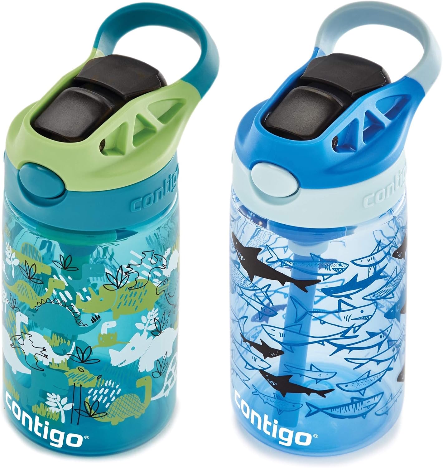 Contigo Aubrey Kids Water Bottle,14oz,Dinos & Sharks,Spill-Proof Lid,Dishwasher Safe,Blue & Green,(Pack of 8)