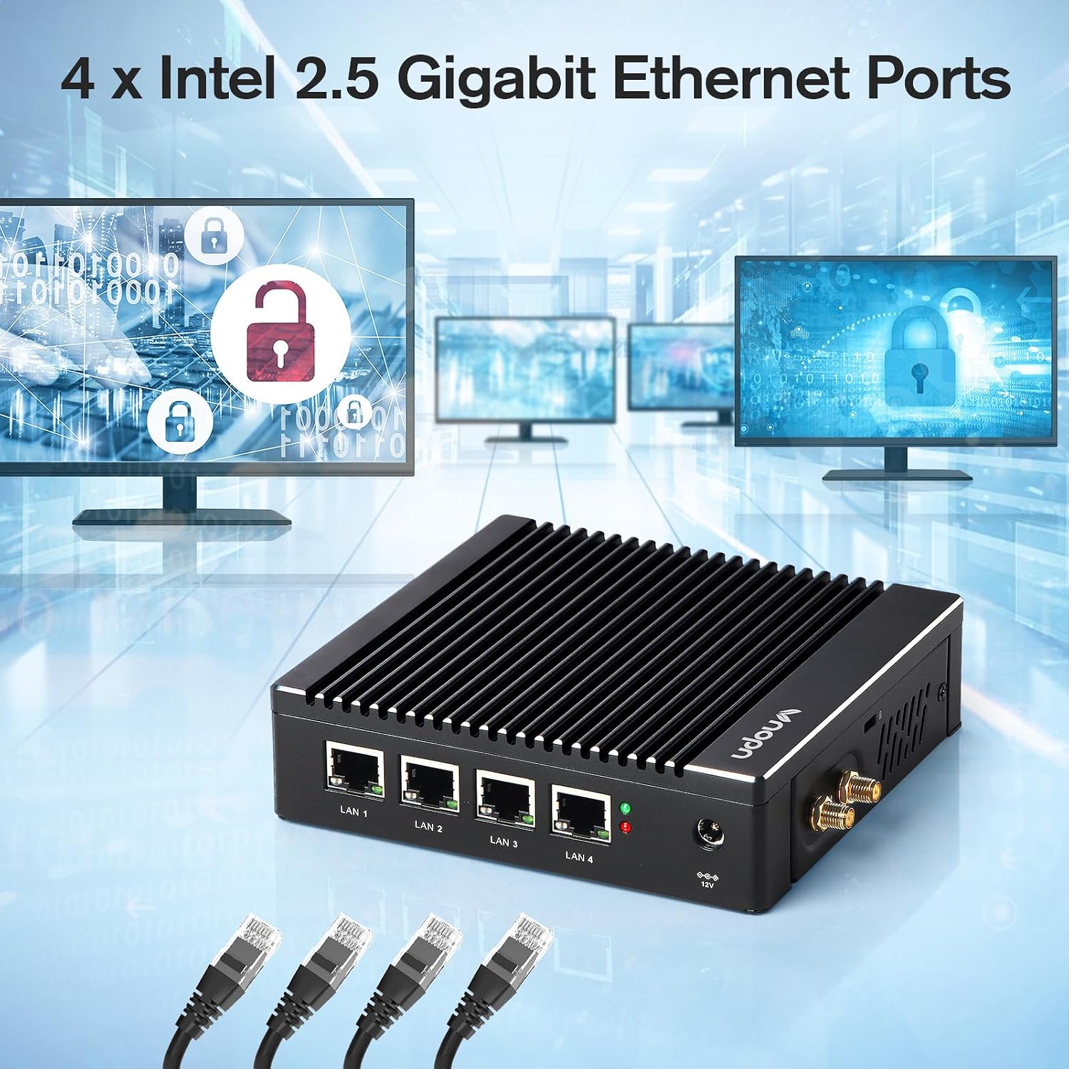 Fanless Firewall Appliance Intel J3710 4C/4T, Firewall Mini PC 4 x Intel i226 LAN Ports DDR3 mSATA SSD, Network Gateway Soft Router, Support P-F-Sense AES NI HD/VGA/Wi-Fi (Black)