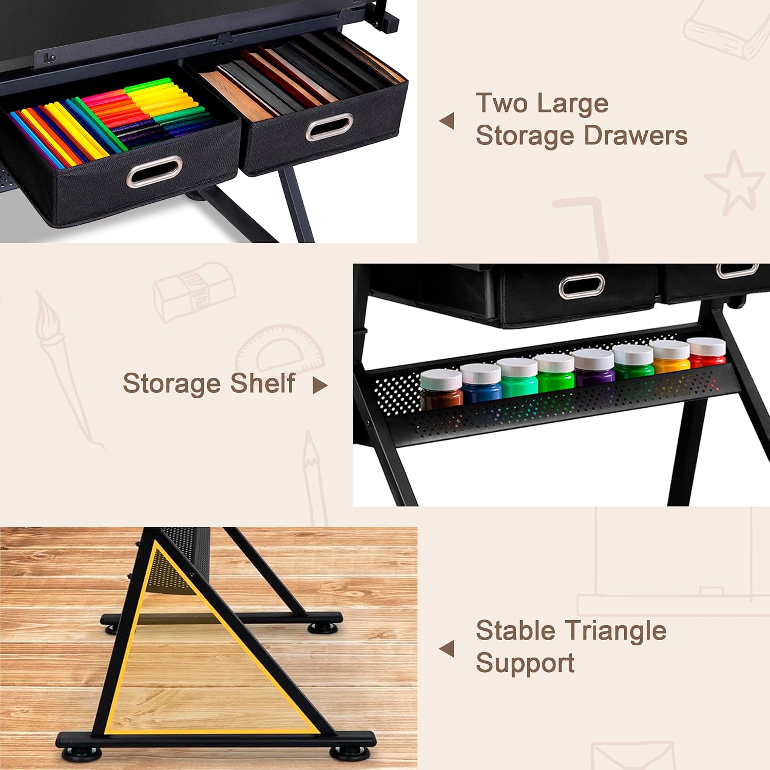 ZENY Adjustable Drafting Table with Stool, Tilting Drawing Desk Artist Table with Storage Drawers, Art Craft Workstation for Home Office Reading, Writing, Crafting (Black-with Outlet)