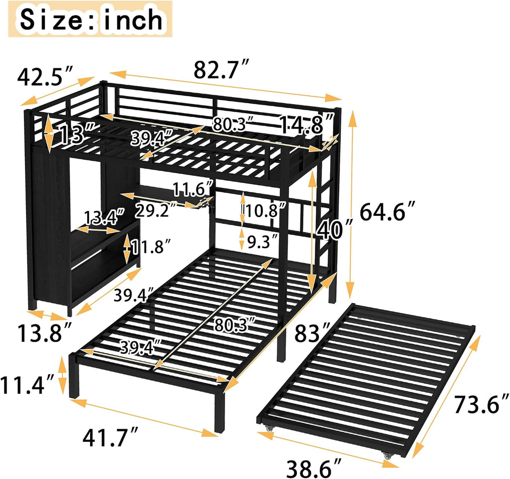 JIVOIT Metal Bunk Bed with Trundle, Twin Over Twin Bunk Bed with Foldable Desk, Built-in Wardrobe, Ladders and Safety Guard, Noise-Reduced Design, Space-Saving, No Box Spring Needed