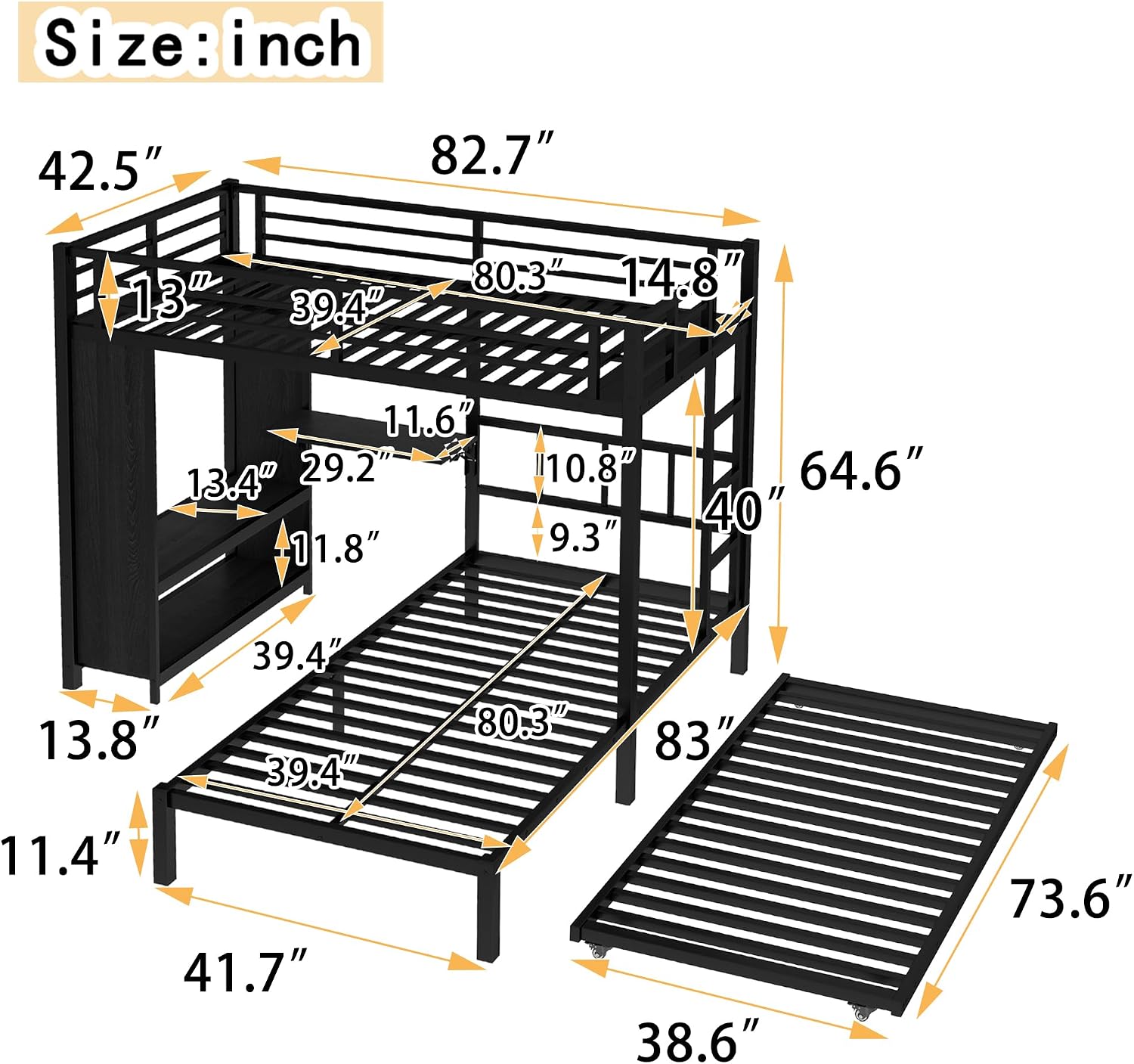 JIVOIT Metal Bunk Bed with Trundle, Twin Over Twin Bunk Bed with Foldable Desk, Built-in Wardrobe, Ladders and Safety Guard, Noise-Reduced Design, Space-Saving, No Box Spring Needed