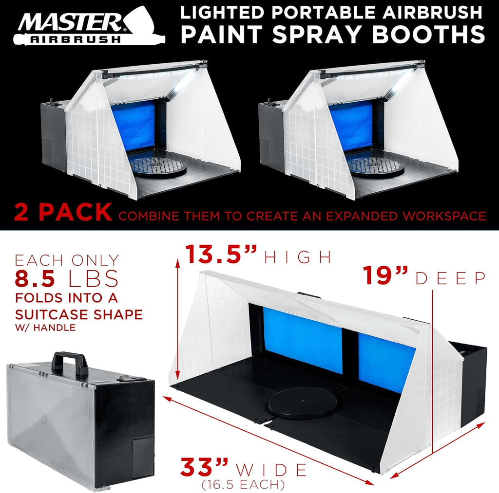 Master Airbrush (2 Pack) Portable Airbrush Spray Booth Station with LED Lighting, 25W Fan, Turntable & 5.6' Extension Hose, 16.5'x19'x13.5', Combine for Larger Workspace, Hobby Airbrush Booth