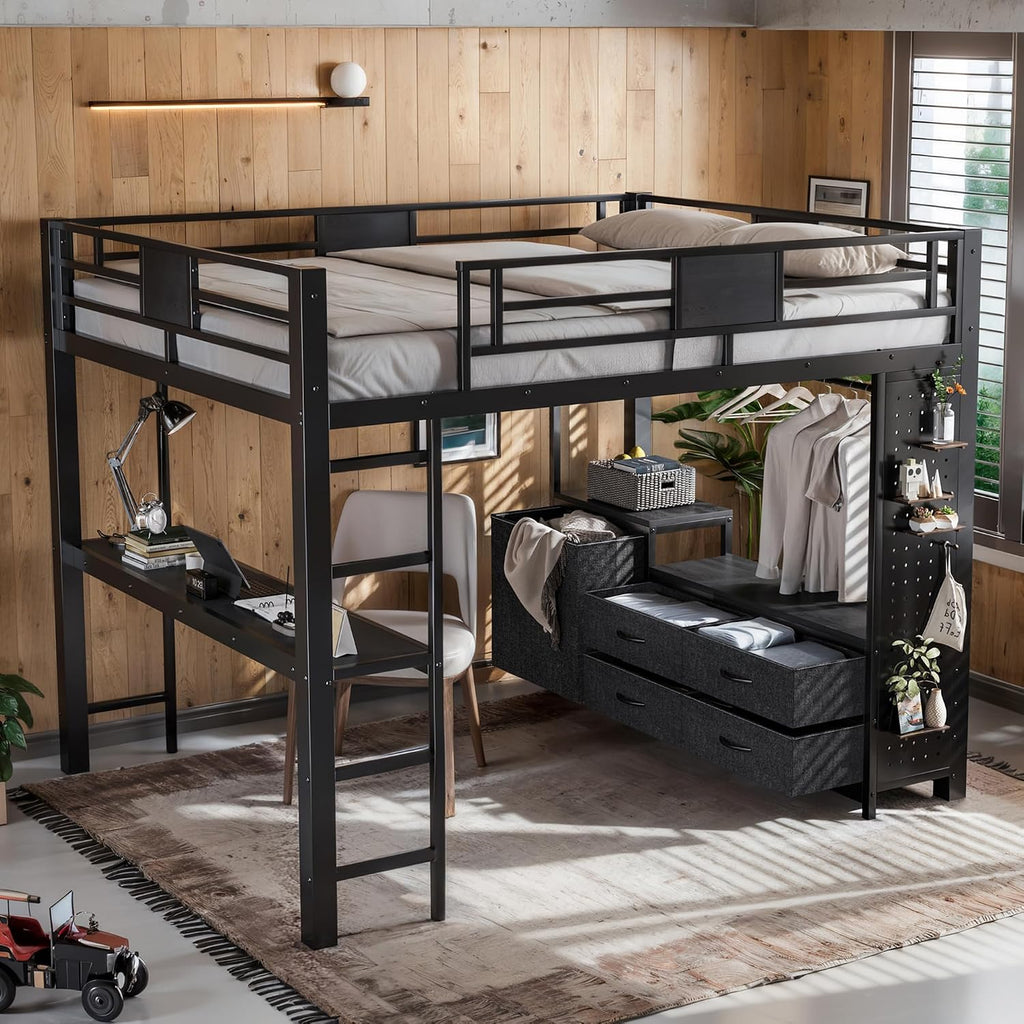 JIVOIT Queen Size Loft Bed with Desk & Shelves, All-in-One Loft Bed with Built-in Workstation & Storage, Space-Saving Metal Loft Bed with Cothesline Pole, Storage Pegboard, Laundry Bag